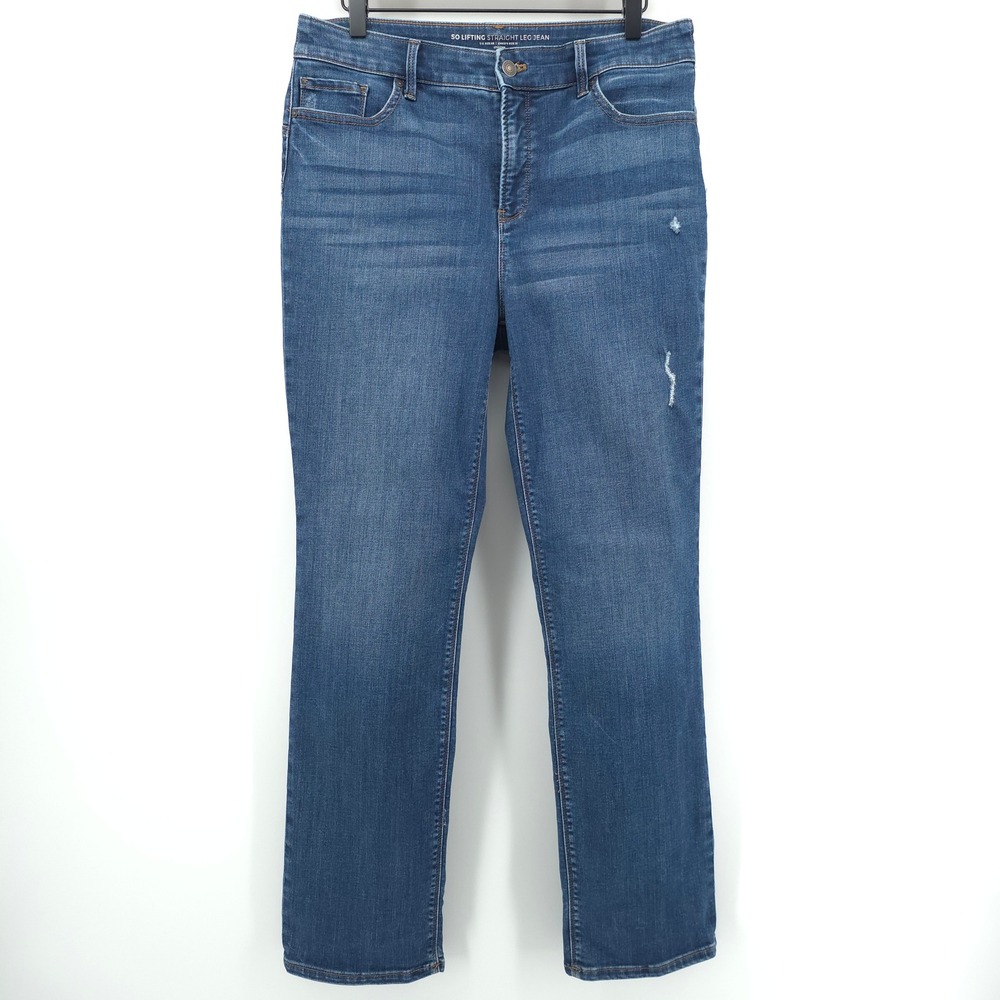 Chico's Women Jeans So Lifting Straight Leg 1R (US 8R) Blue Distressed Denim